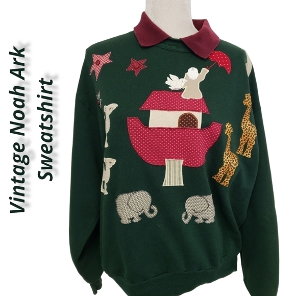 Vintage Jerzees Sweatshirt Noah's Ark Appliqued Handcrafted Green L - Picture 1 of 12
